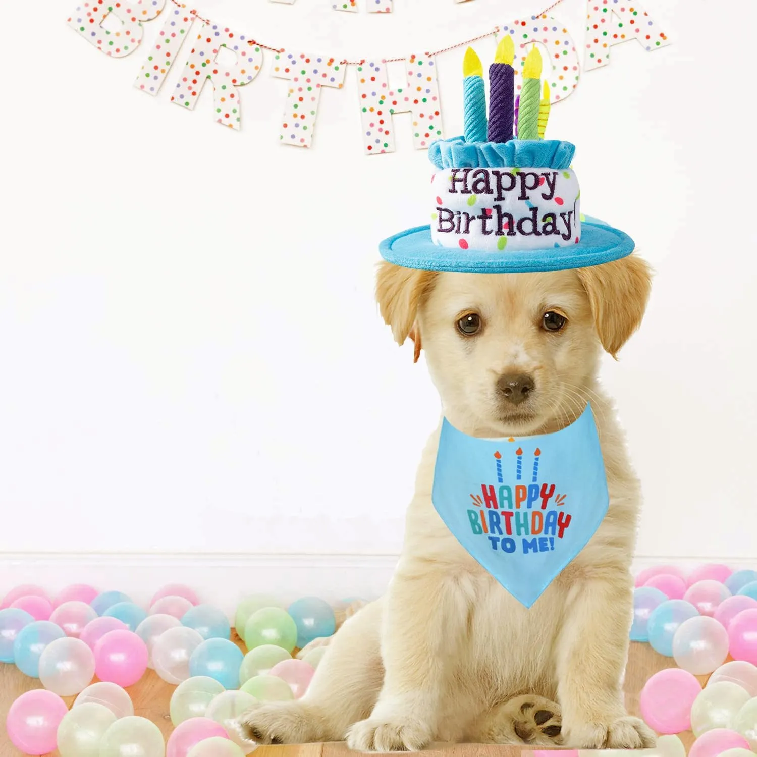 Medium Dog Birthday Cake Hat & Bandana Scarfs Set Blue, Handmade Dog Happy Birthday Hat with Colorful Candles, Medium Dog Birthday Party Supplies Decorations