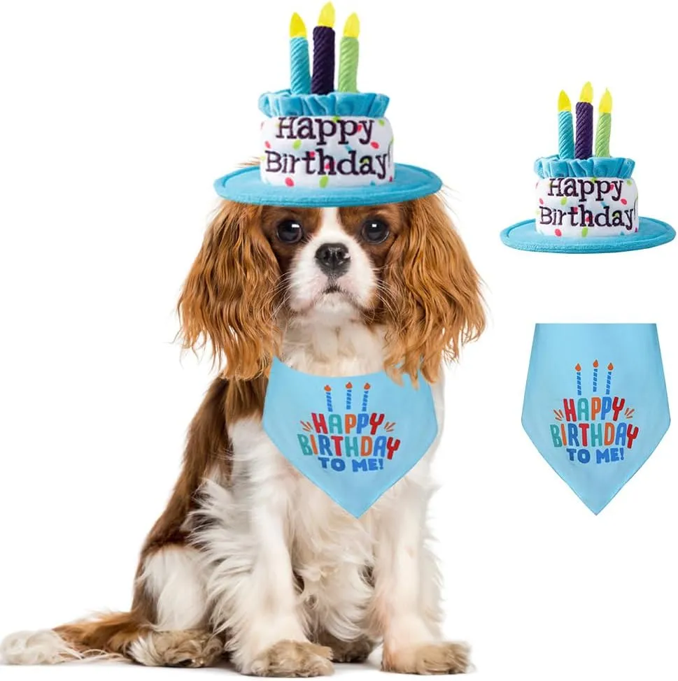 Medium Dog Birthday Cake Hat & Bandana Scarfs Set Blue, Handmade Dog Happy Birthday Hat with Colorful Candles, Medium Dog Birthday Party Supplies Decorations