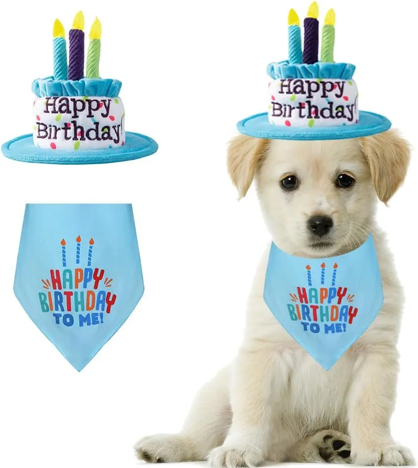 Medium Dog Birthday Cake Hat & Bandana Scarfs Set Blue, Handmade Dog Happy Birthday Hat with Colorful Candles, Medium Dog Birthday Party Supplies Decorations