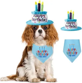 Medium Dog Birthday Cake Hat & Bandana Scarfs Set Blue, Handmade Dog Happy Birthday Hat with Colorful Candles, Medium Dog Birthday Party Supplies Decorations