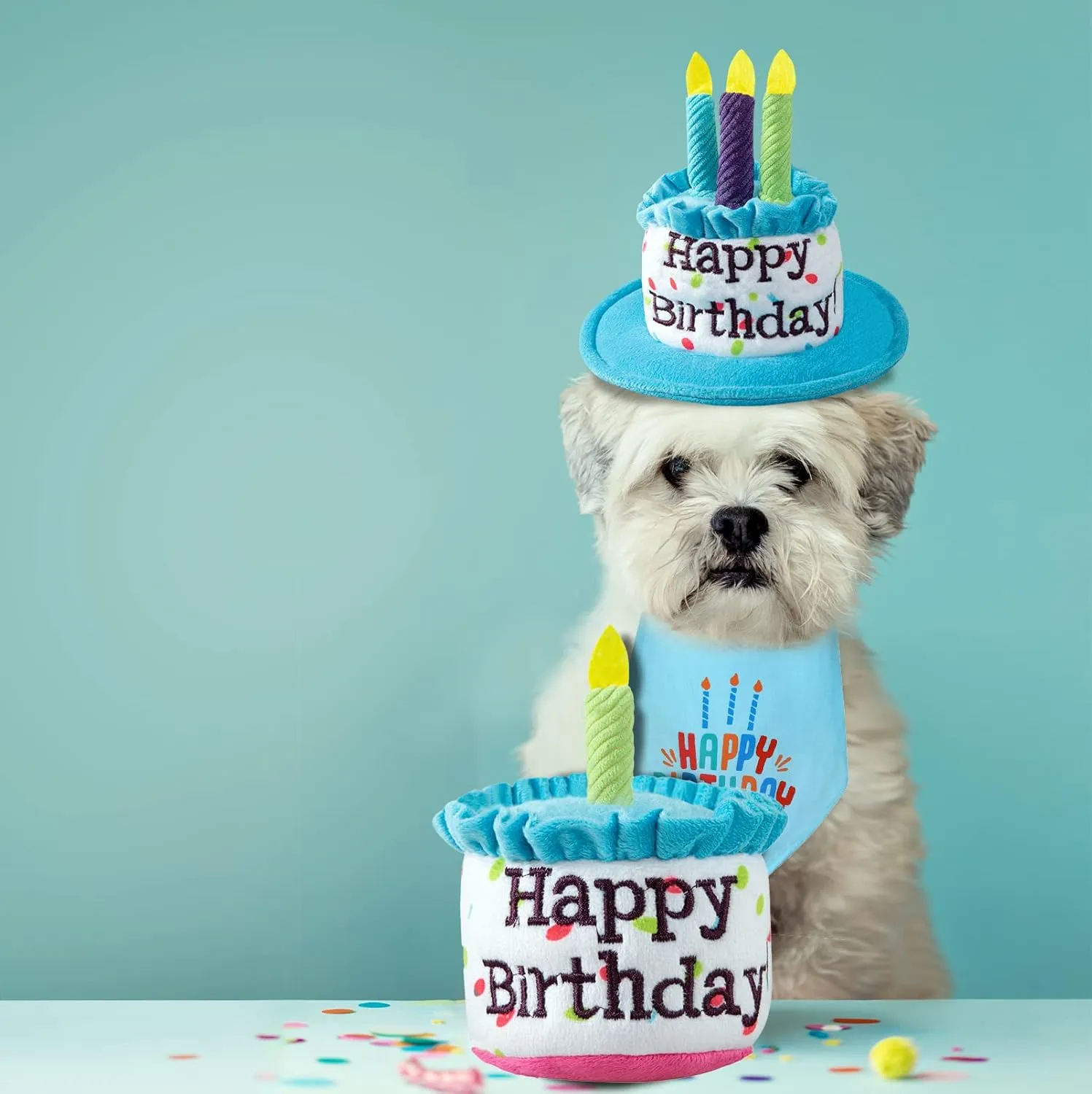 Medium Dog Birthday Cake Hat & Bandana Scarfs Set Blue, Handmade Dog Happy Birthday Hat with Colorful Candles, Medium Dog Birthday Party Supplies Decorations