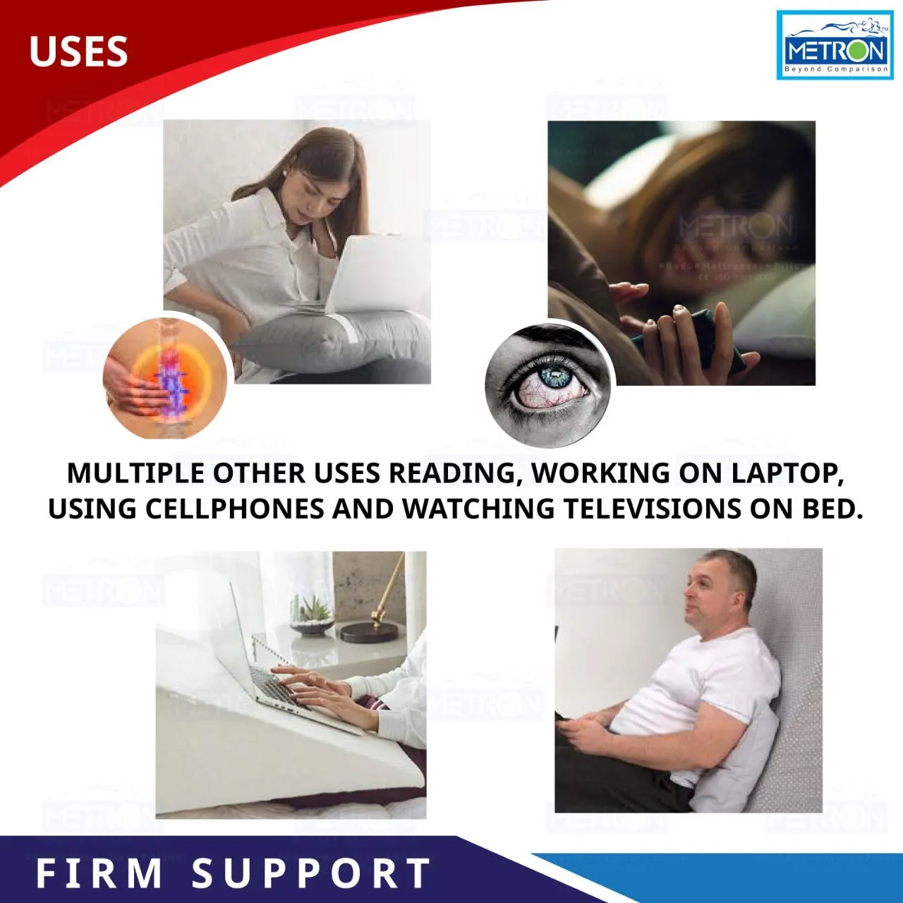 METRON Medical Foam Bed Wedge Pillow for Acid Re-Flux Sleeping Reading Anti-Snoring Post Surgeries Support Leg Rest Elevation |Comfort Level- Firm |Size 28x24x8 Inches(International) Orthopedic