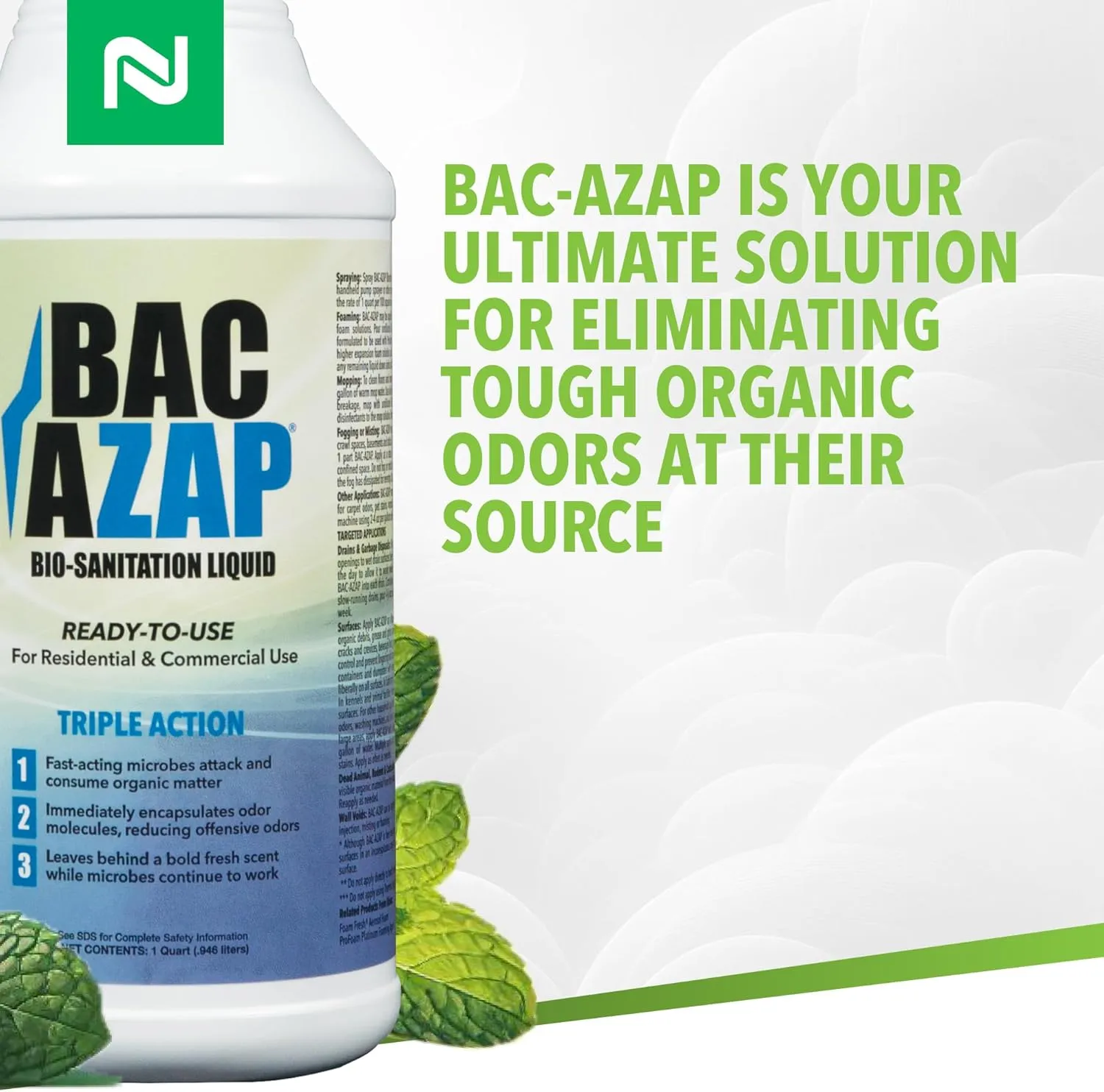 Nisus Bac-Azap Odor Eliminator, Ready-to-Use Bio-Sanitization Liquid, Neutralizes Organic Waste Odors, Safe for Plumbing, 1 Quart
