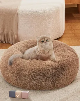 OhGeni Calming Donut Cat Bed Pillow for Small Pets, Machine Washable Removable Cover, Comfort Plush Fluffy Faux Fur with Anti-Slip Bottom, Dogs-Friendly Round Cuddly Design, Ocher, 20 inches