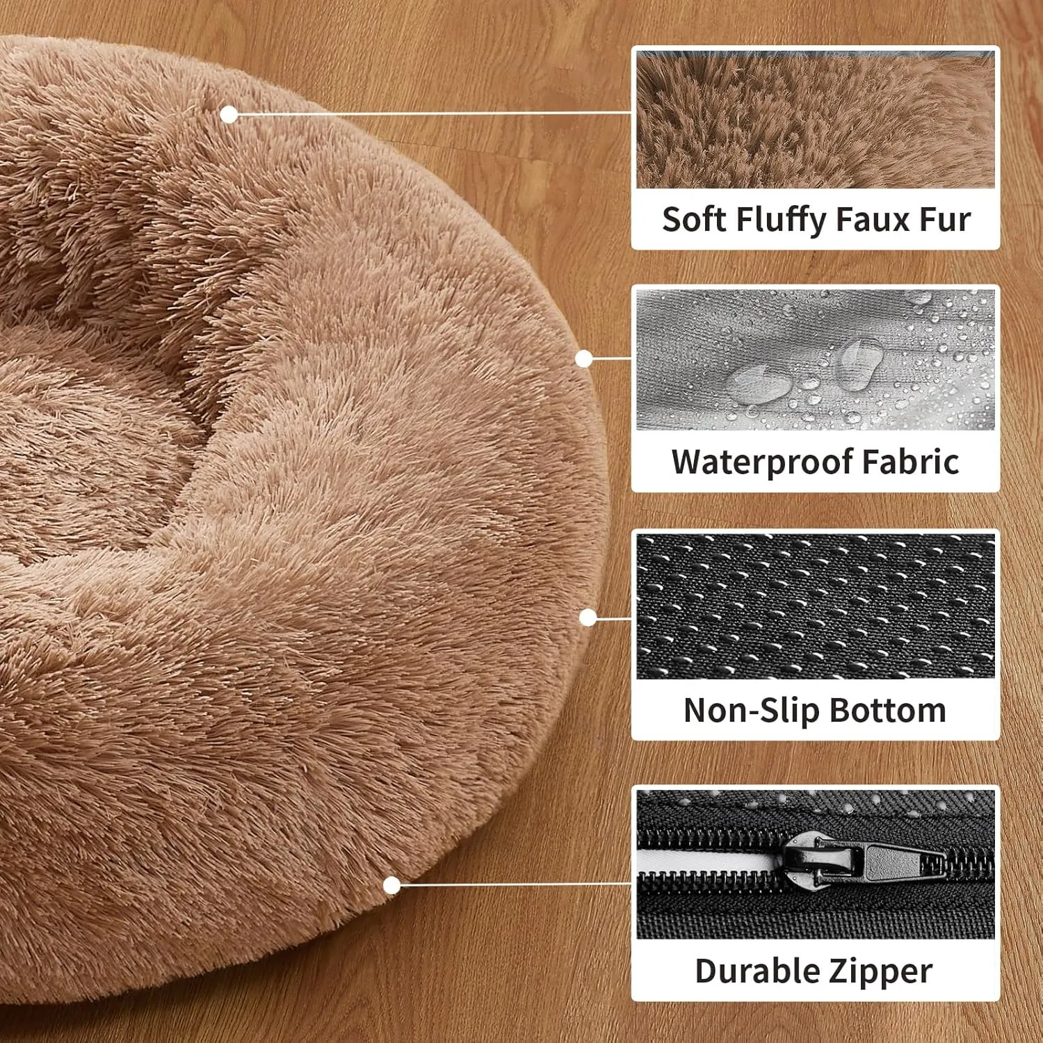 OhGeni Calming Donut Cat Bed Pillow for Small Pets, Machine Washable Removable Cover, Comfort Plush Fluffy Faux Fur with Anti-Slip Bottom, Dogs-Friendly Round Cuddly Design, Ocher, 20 inches