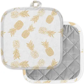 [Pack of 2] Pot Holders for Kitchen, Washable Heat Resistant Pot Holders, Hot Pads, Trivet for Cooking and Baking (Metallic Cream Gold Pineapple Fruit)