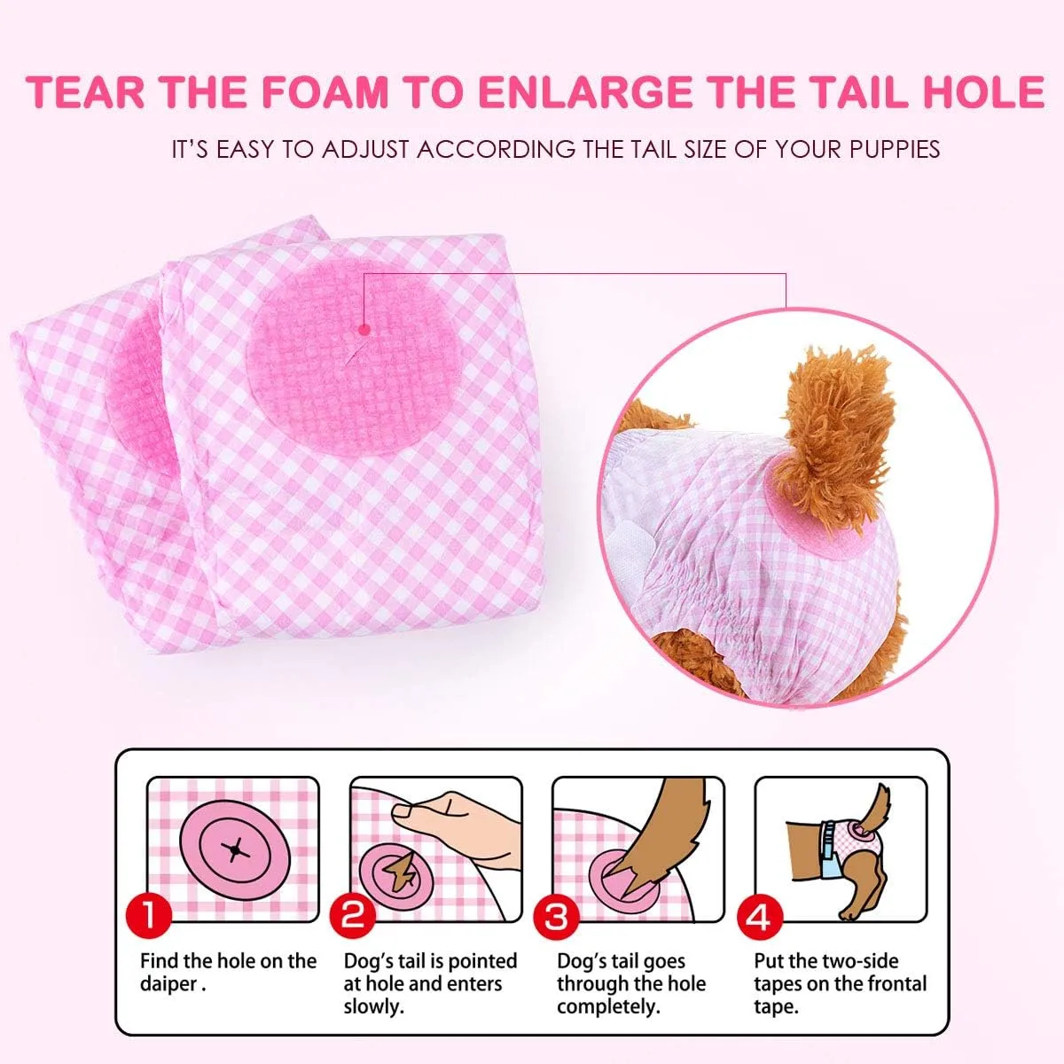 Pet Soft Dog Diapers Female, Disposable Dog Diapers, Cat Diaper for Female Cats, Puppy Diaper with Adjustable Foam Tail Hole 36pcs (XS,Pink)
