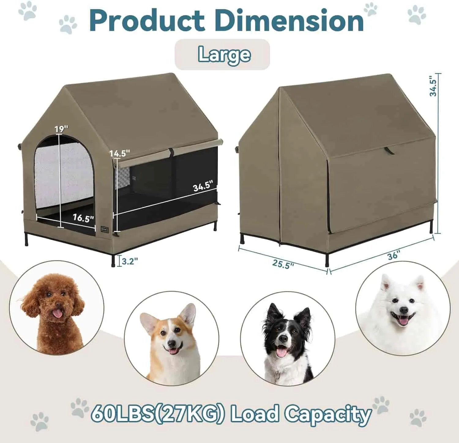 PETSFIT Modern Dog House 36 Inch Portable Large Dog House Featuring Elevated Dog Bed