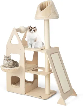 PETSITE 64" Tall Cat Tree Tower for Indoor Cats, Modern Cat Activity Center with Top Perch, Condos, Basket Bed, Sisal Posts, Scratching Board & Ball, Beige