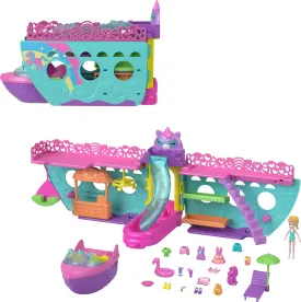 Polly Pocket Portable Boat Playset with Water Play & Color-Change Accessories, Unicorn Dream Cruise Includes 1 Doll & 23 Total Pieces