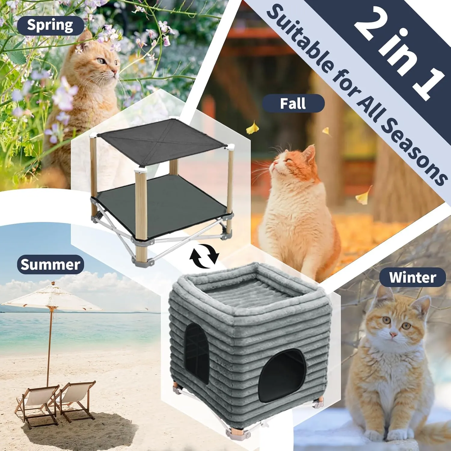 Pozico 2-Tier Collapsible Cat Beds & Furniture, 2 Layer Pine Construction Cat Hammocks, Cat Houses for Indoor Cats, Cat Bed Cave for Multiple or Large Cats up to 30 lbs, All-Season Comfort-Grey-S