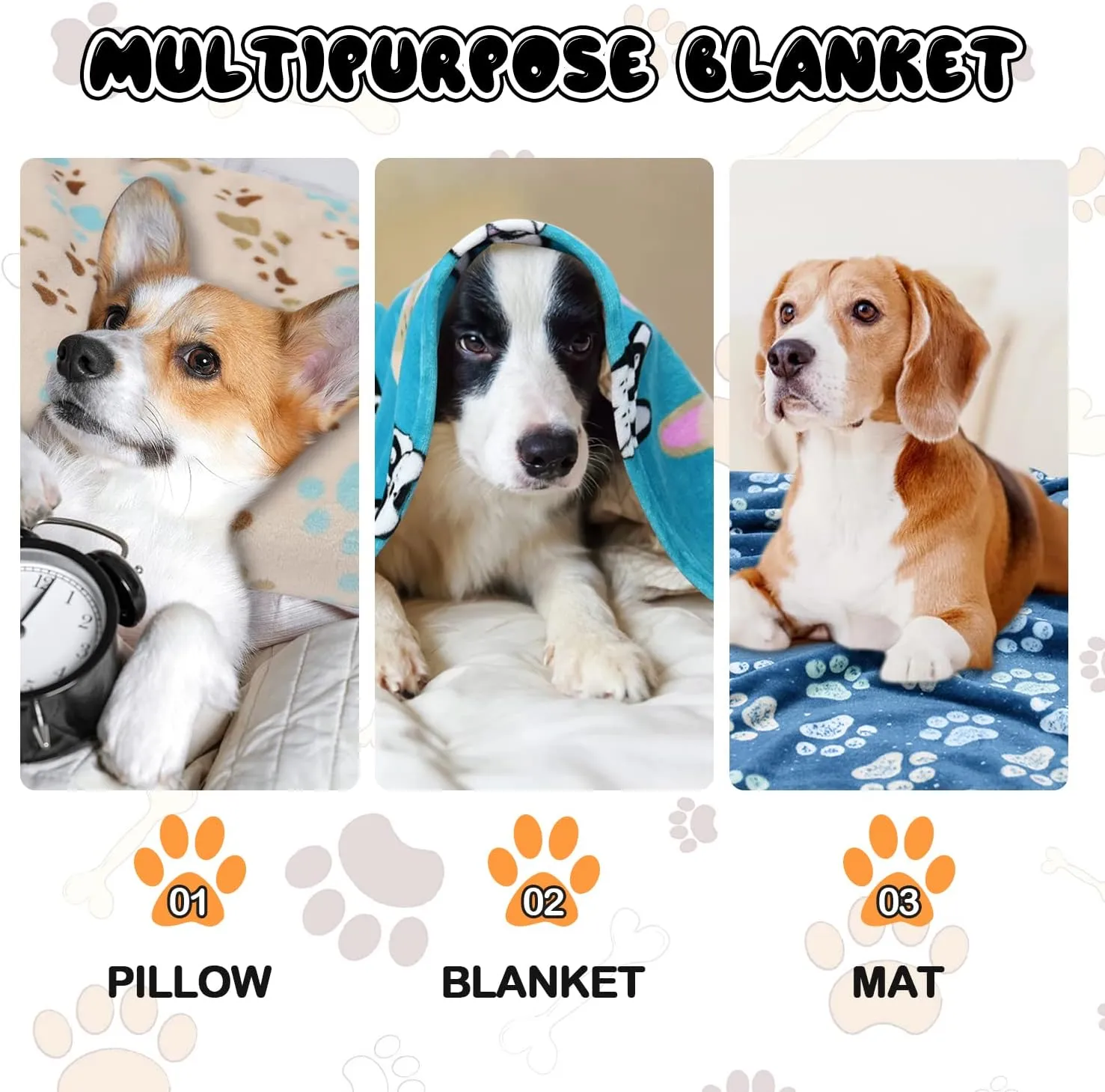 Premium Fleece Dog Blanket 3-Pack - Super Soft Fluffy Pet Blanket for Large/Medium Dogs, Cats - Cozy Paw Print Design, 41x31 Inches