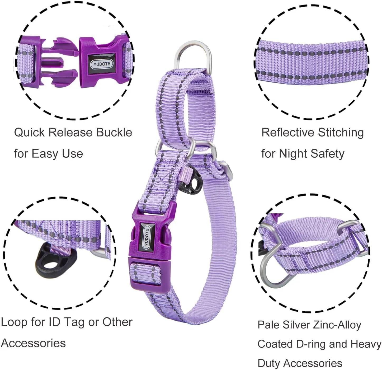 Reflective Martingale Collar for Dogs with Quick Snap Buckle Anti-Pull Nylon Safe Slip Collars for Easy Walking,Lilac,Large