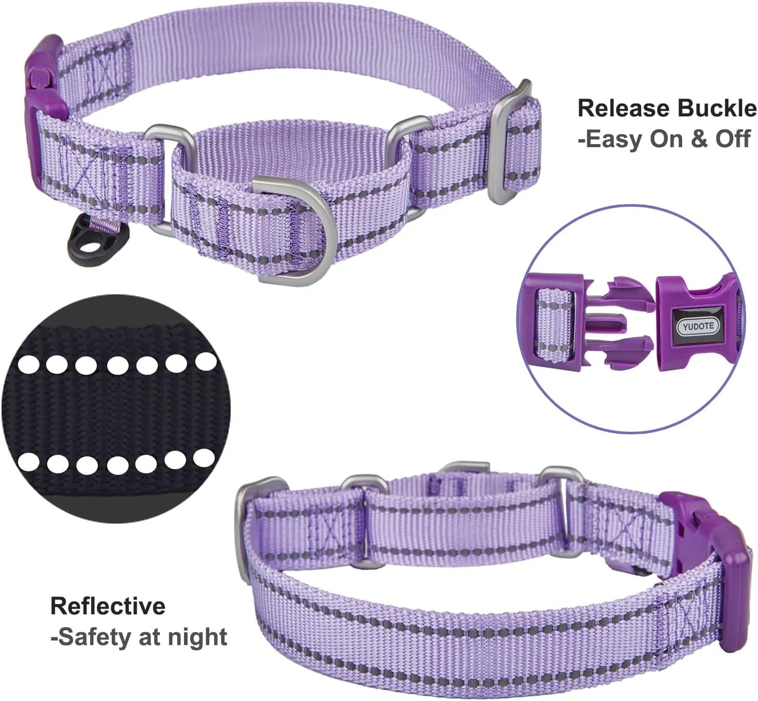 Reflective Martingale Collar for Dogs with Quick Snap Buckle Anti-Pull Nylon Safe Slip Collars for Easy Walking,Lilac,Large