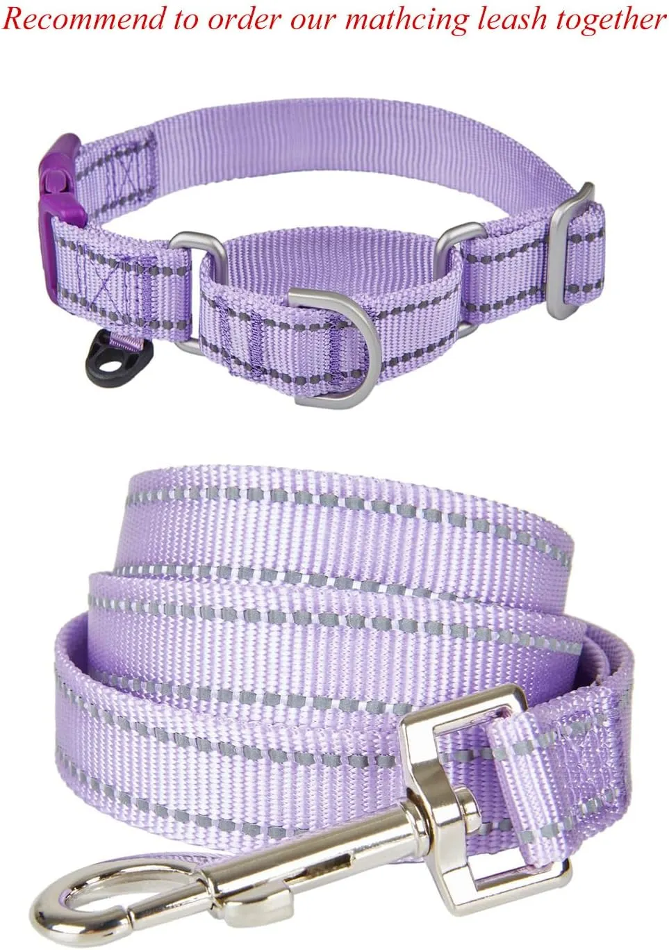 Reflective Martingale Collar for Dogs with Quick Snap Buckle Anti-Pull Nylon Safe Slip Collars for Easy Walking,Lilac,Large