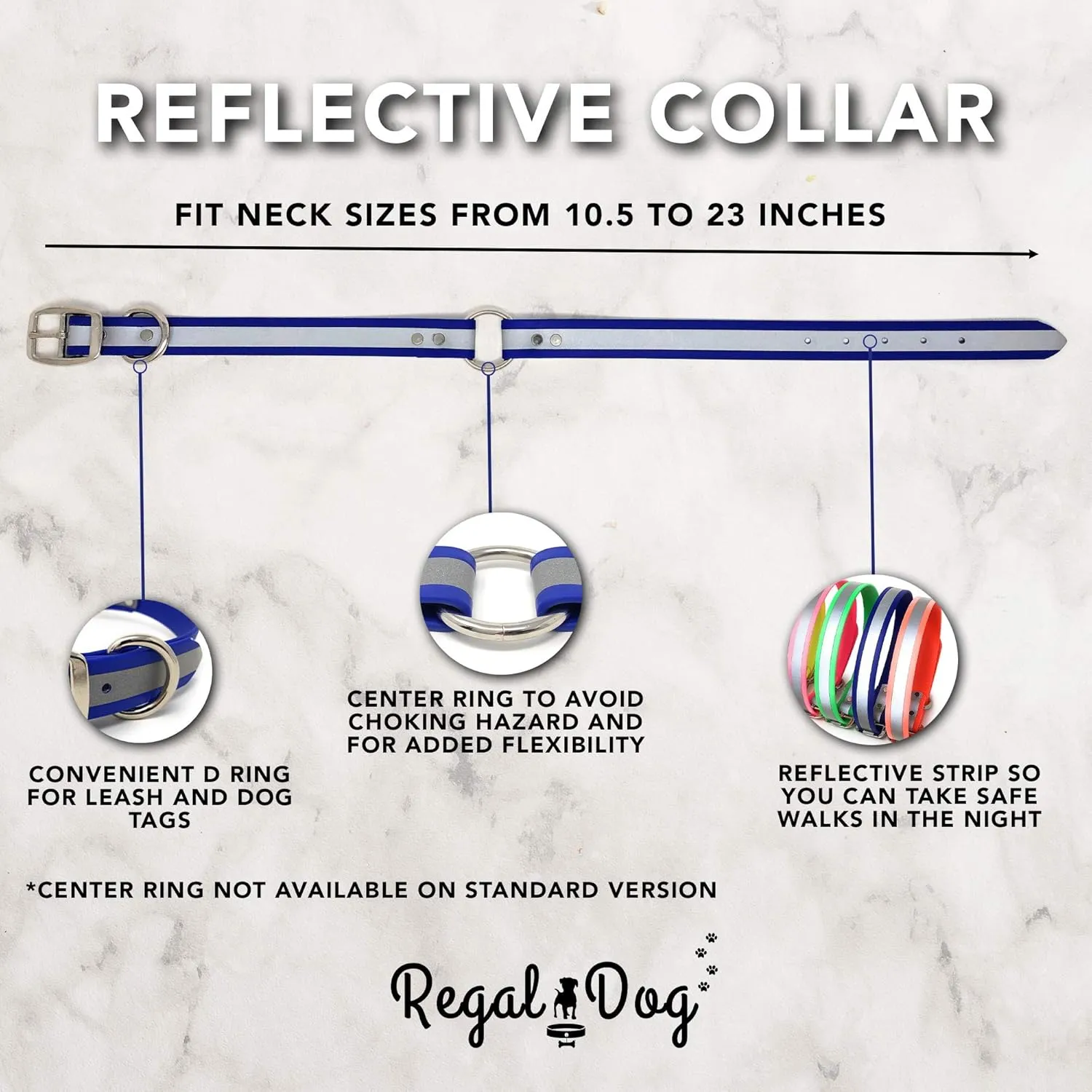 Regal Dog Products Small Blue Reflective Dog Collar with Custom Engraved Name Plate and Heavy Duty Center Ring | Waterproof Biothane Personalized Dog Collars - Other Sizes for Medium & Large Dogs