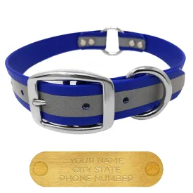 Regal Dog Products Small Blue Reflective Dog Collar with Custom Engraved Name Plate and Heavy Duty Center Ring | Waterproof Biothane Personalized Dog Collars - Other Sizes for Medium & Large Dogs