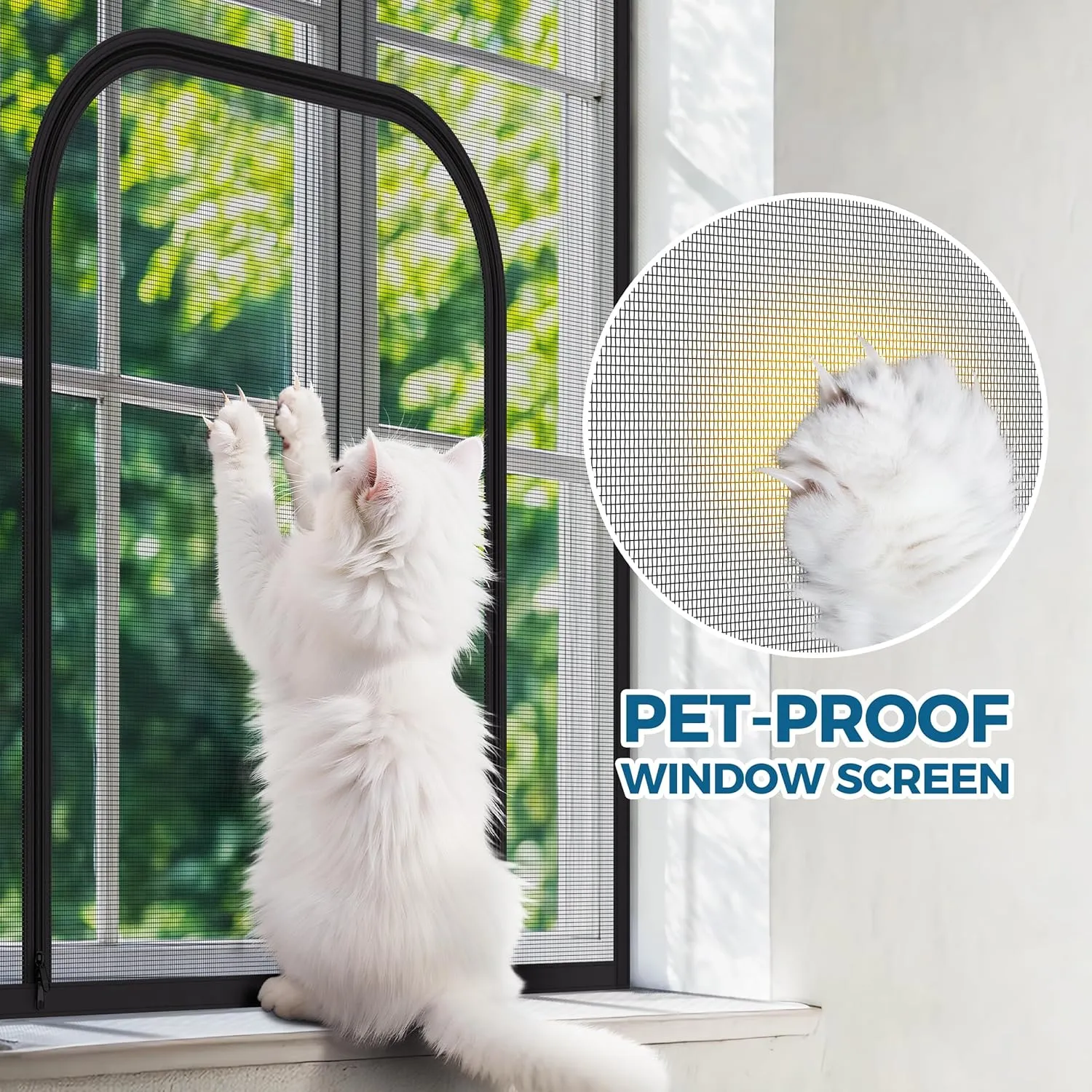 Reinforced Cat Screen Window, Upgraded Window Screen Thickened 220g/m Heavy Duty Mesh, Curtain Size 62 x 46 Inch, Pets Proof Screen Door with Bilateral Zipper, Prevent Dogs Cats Scratch