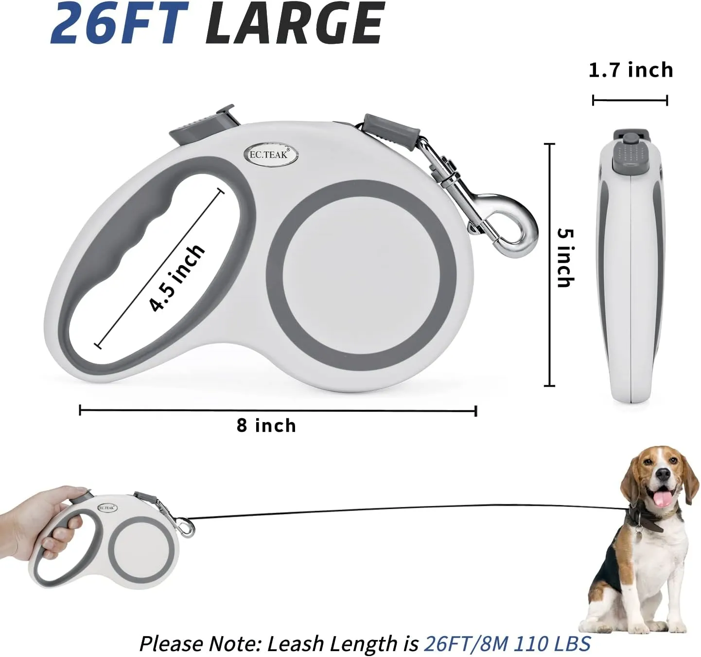 Retractable Dog Leash 26 FT, Heavy Duty Retractable Leash for Dogs up to 110lbs, Strong Nylon Tape No Tangle, One-Handed Brake, Pause, Lock, Perfect for Medium Large Dogs