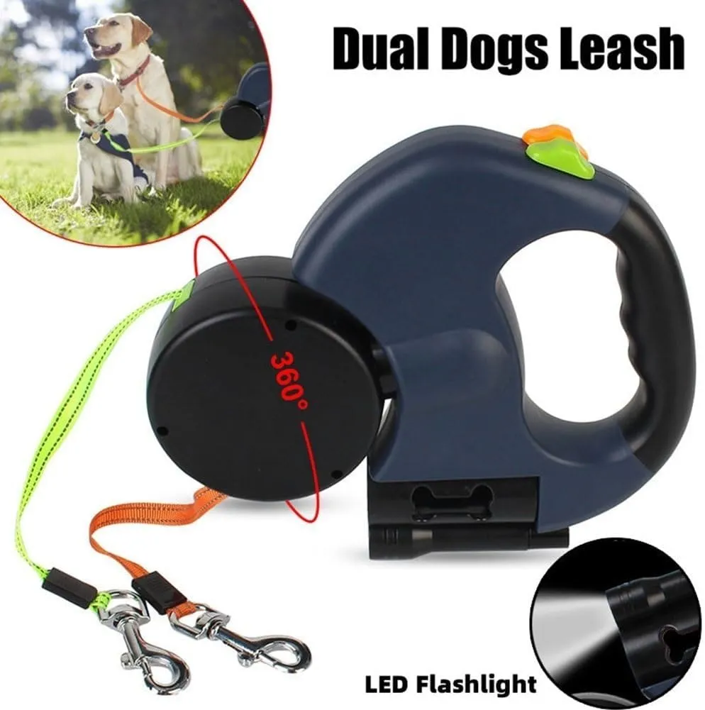 Retractable Dual Leash, Illuminated Double Leashe for Two Dogs, 360Dual Tangle Free Extendable Pet Leash with Poop Bags, Split Lead Walking Pet with Comfortable Ergonomic Handle(Blue)