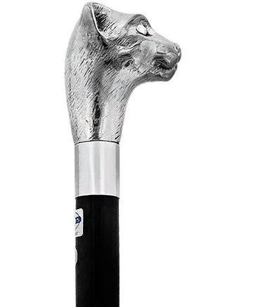 Scratch & Dent  Silver Plated Cat Head Walking Stick With Black Beechwood Shaft and Silver Collar V1828