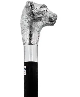 Scratch & Dent  Silver Plated Cat Head Walking Stick With Black Beechwood Shaft and Silver Collar V1828