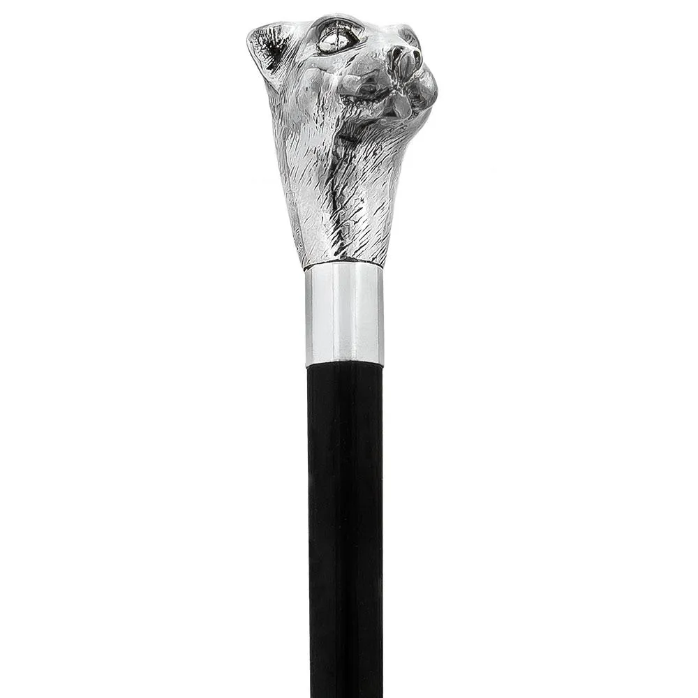 Scratch & Dent  Silver Plated Cat Head Walking Stick With Black Beechwood Shaft and Silver Collar V1828