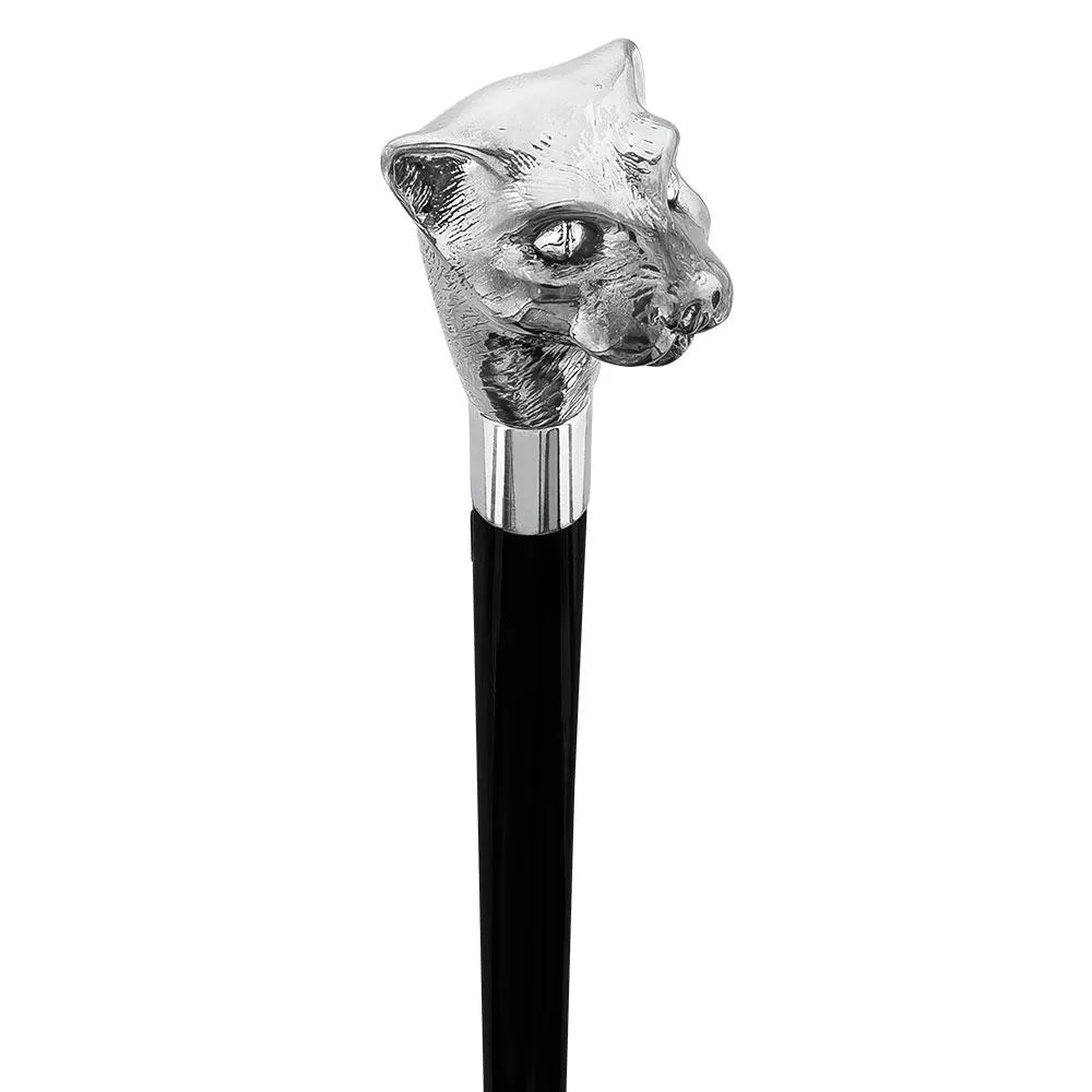 Scratch & Dent  Silver Plated Cat Head Walking Stick With Black Beechwood Shaft and Silver Collar V1828