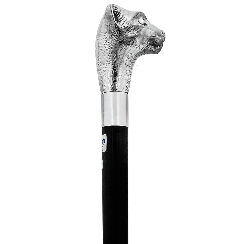 Scratch & Dent  Silver Plated Cat Head Walking Stick With Black Beechwood Shaft and Silver Collar V1828