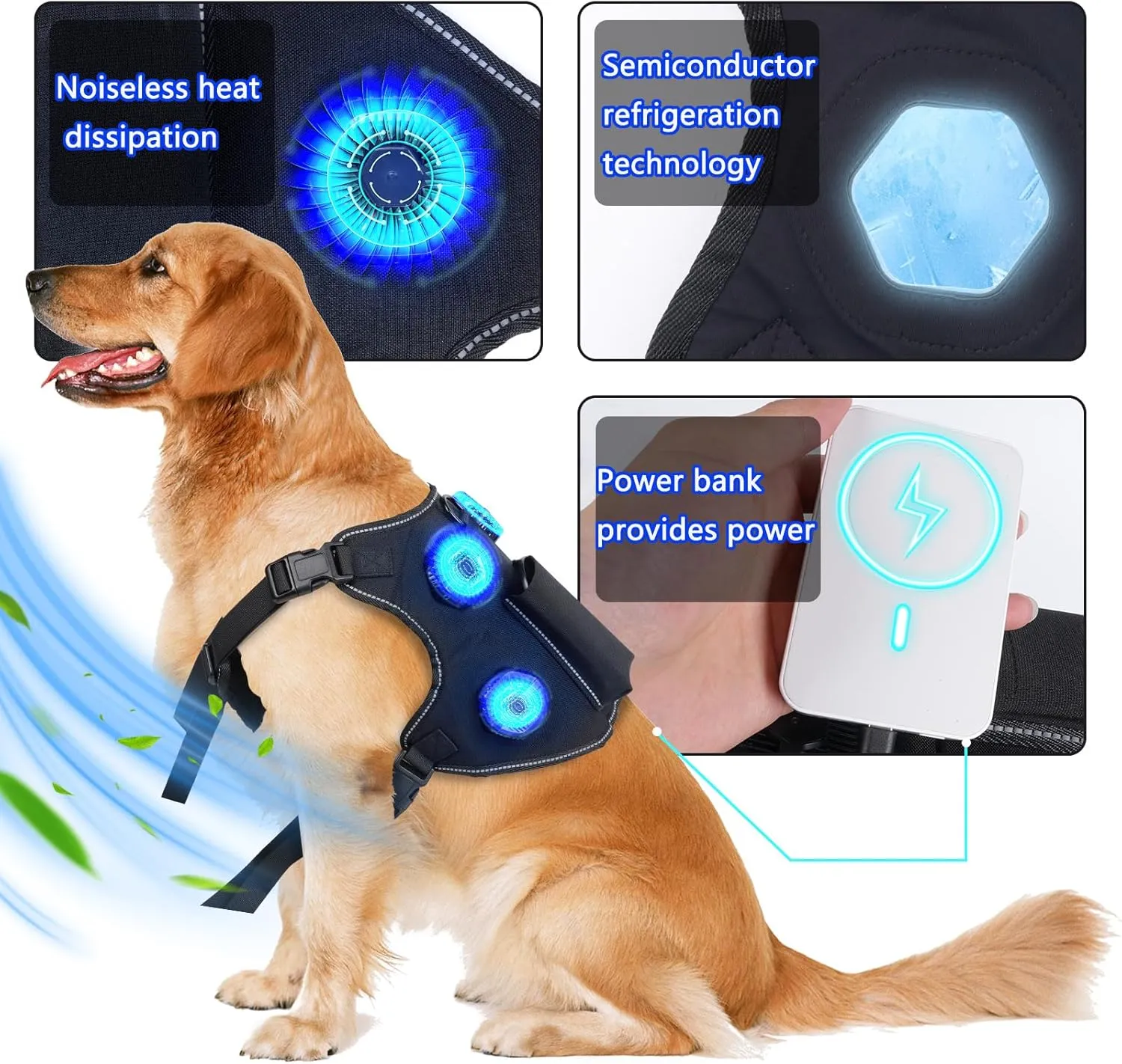 Semiconductor Cooling Dog Harness: Medium Dog Vest - Intelligent Instant Cooling 4 Modular Designs - Adjustable Soft Padded Pet Harness for Summer Hot Weather