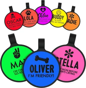 Silent Dog Tags Engraved for Pets, Durable Silent Dog ID Tags with Icon & 3 Lines of Text - Glow in The Dark Pet ID Tag | 8 Colors, 8 Icons, 5 Fonts | No More Jingling - Round Shaped