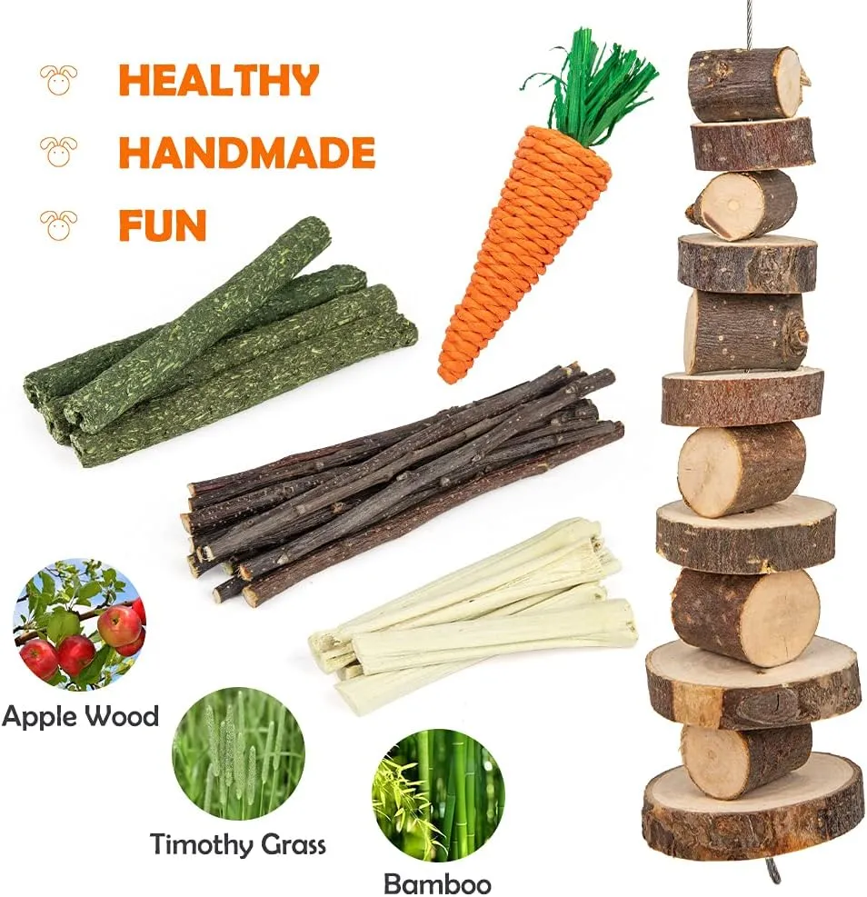 Sofier Rabbit Toys Bunny/Guinea Pig Toys Natural Timothy Hay Hamster for Teeth Handmade Chews and Treats Apple Wood Sticks Chinchilla Rat