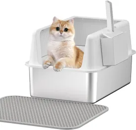 Stainless Steel Cat Litter Box with Lid,XL,19.7L x 13.8W x 11.8H Deep,Metal Litter Box with High Side,for Small and Large Cats,with a Scoop and Scoop Storage Box Litter Mat Double,Easy Cleaning