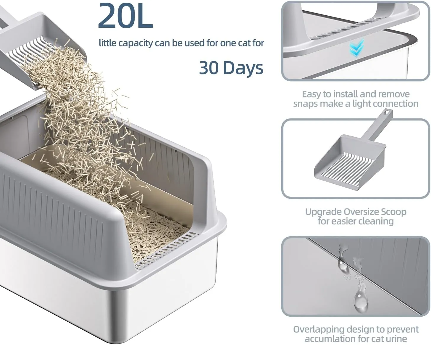 Stainless Steel Cat Litter Box with Lid,XL,19.7L x 13.8W x 11.8H Deep,Metal Litter Box with High Side,for Small and Large Cats,with a Scoop and Scoop Storage Box Litter Mat Double,Easy Cleaning