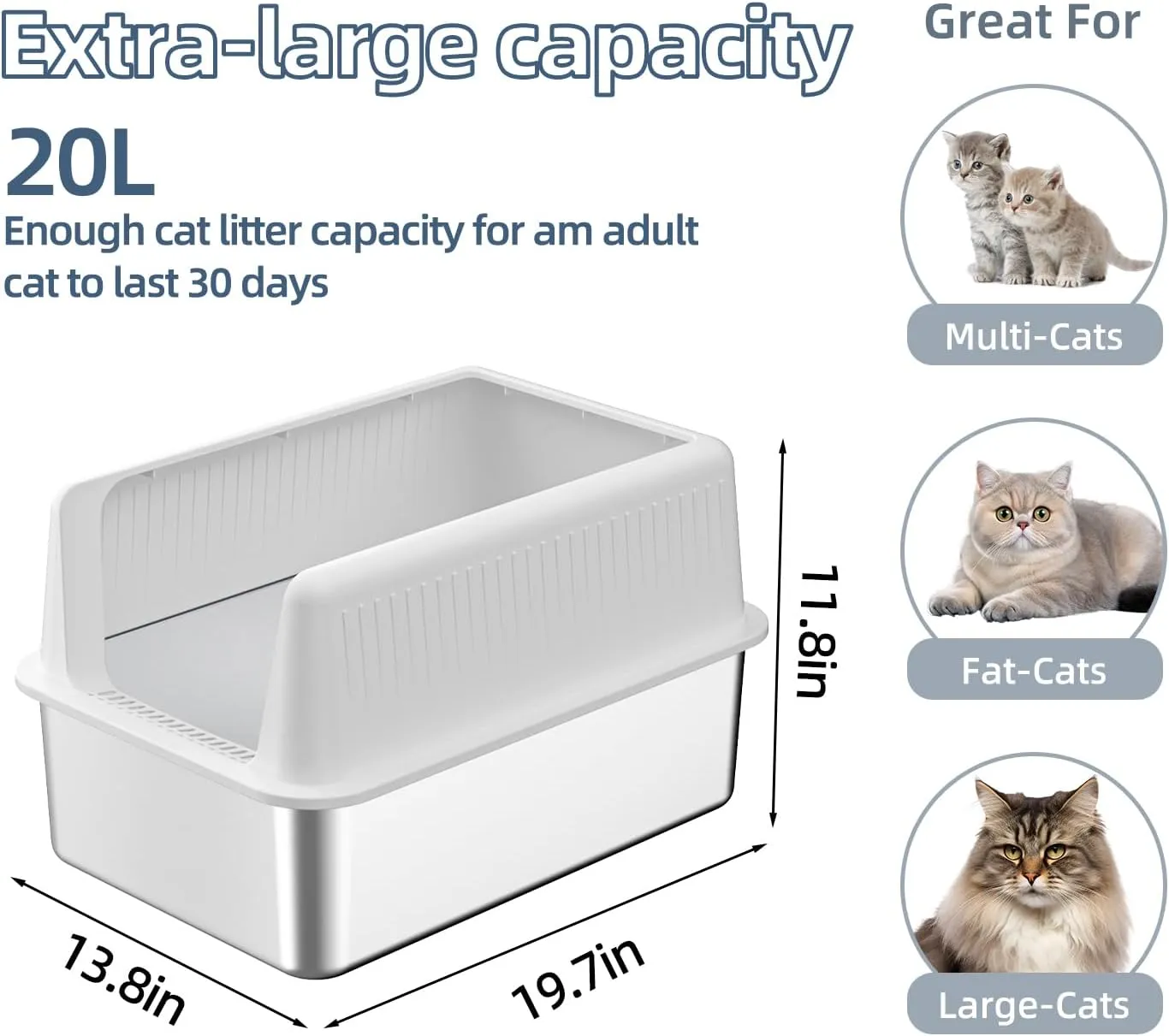 Stainless Steel Cat Litter Box with Lid,XL,19.7L x 13.8W x 11.8H Deep,Metal Litter Box with High Side,for Small and Large Cats,with a Scoop and Scoop Storage Box Litter Mat Double,Easy Cleaning