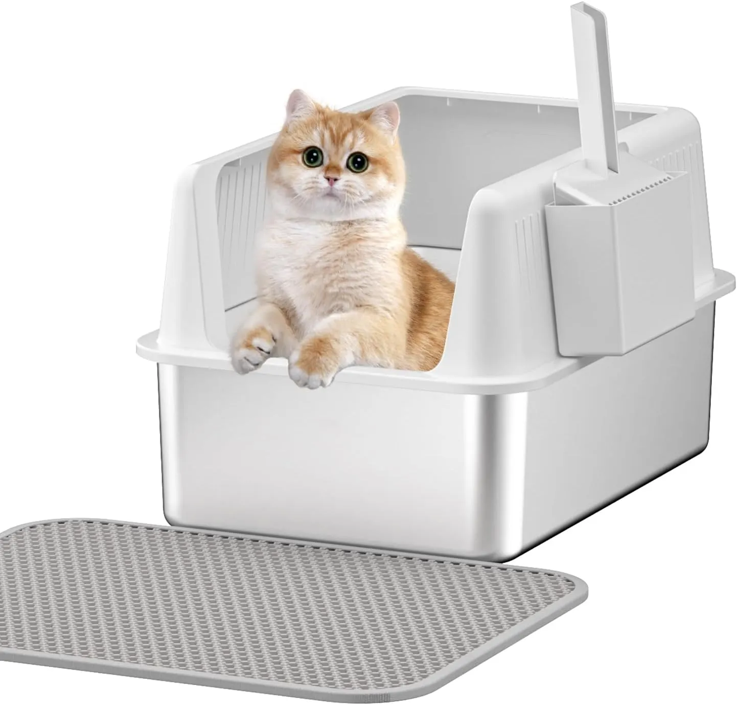 Stainless Steel Cat Litter Box with Lid,XL,19.7L x 13.8W x 11.8H Deep,Metal Litter Box with High Side,for Small and Large Cats,with a Scoop and Scoop Storage Box Litter Mat Double,Easy Cleaning