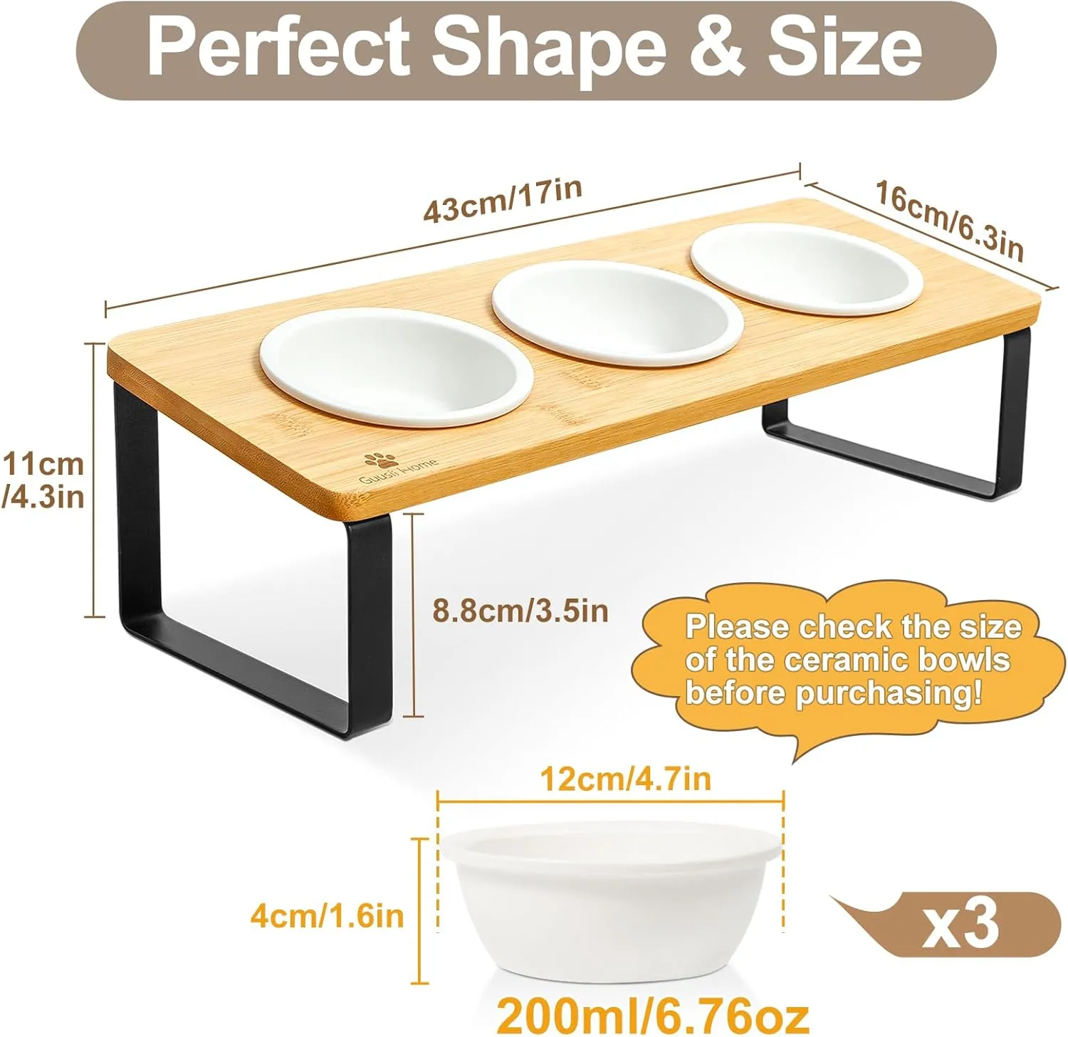 Sunhoo Raised Cat Food Water Bowl Elevated Tilted Kitty Dishes Set of 3 Ceramic Dish for Indoor Cats Orthopedic Pet Food Stand Anti Vomiting 3 Bowl Cat Feeder Easy Assembly(Wood Color)