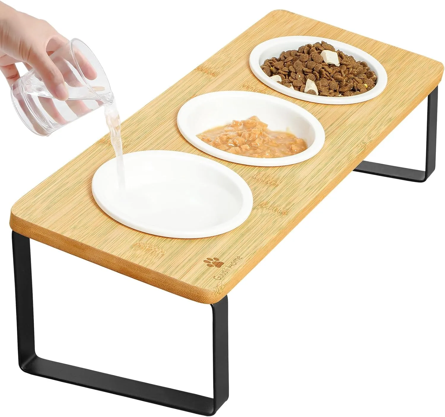 Sunhoo Raised Cat Food Water Bowl Elevated Tilted Kitty Dishes Set of 3 Ceramic Dish for Indoor Cats Orthopedic Pet Food Stand Anti Vomiting 3 Bowl Cat Feeder Easy Assembly(Wood Color)