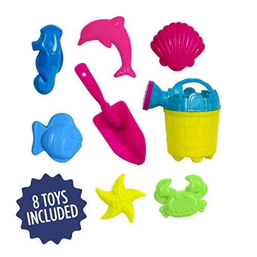 SunSmart Kiddie Activity Play Set, Beach Sand Toy Playset with Eight (8) Toys, Foldable/Portable Take Along Beach Sand Play Kit with UPF50 Canopy