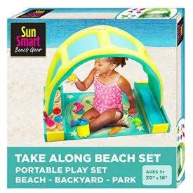 SunSmart Kiddie Activity Play Set, Beach Sand Toy Playset with Eight (8) Toys, Foldable/Portable Take Along Beach Sand Play Kit with UPF50 Canopy