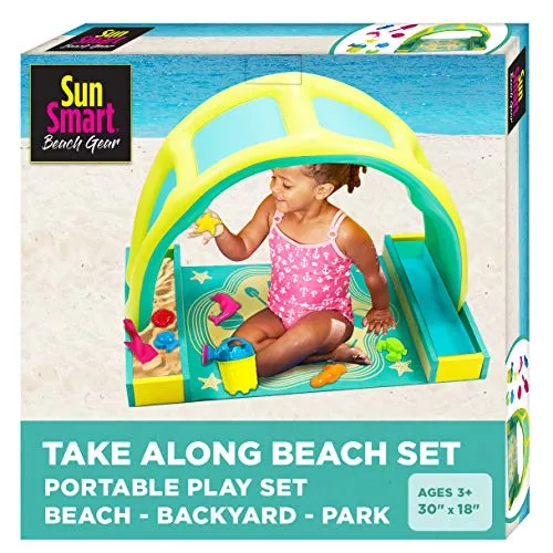 SunSmart Kiddie Activity Play Set, Beach Sand Toy Playset with Eight (8) Toys, Foldable/Portable Take Along Beach Sand Play Kit with UPF50 Canopy