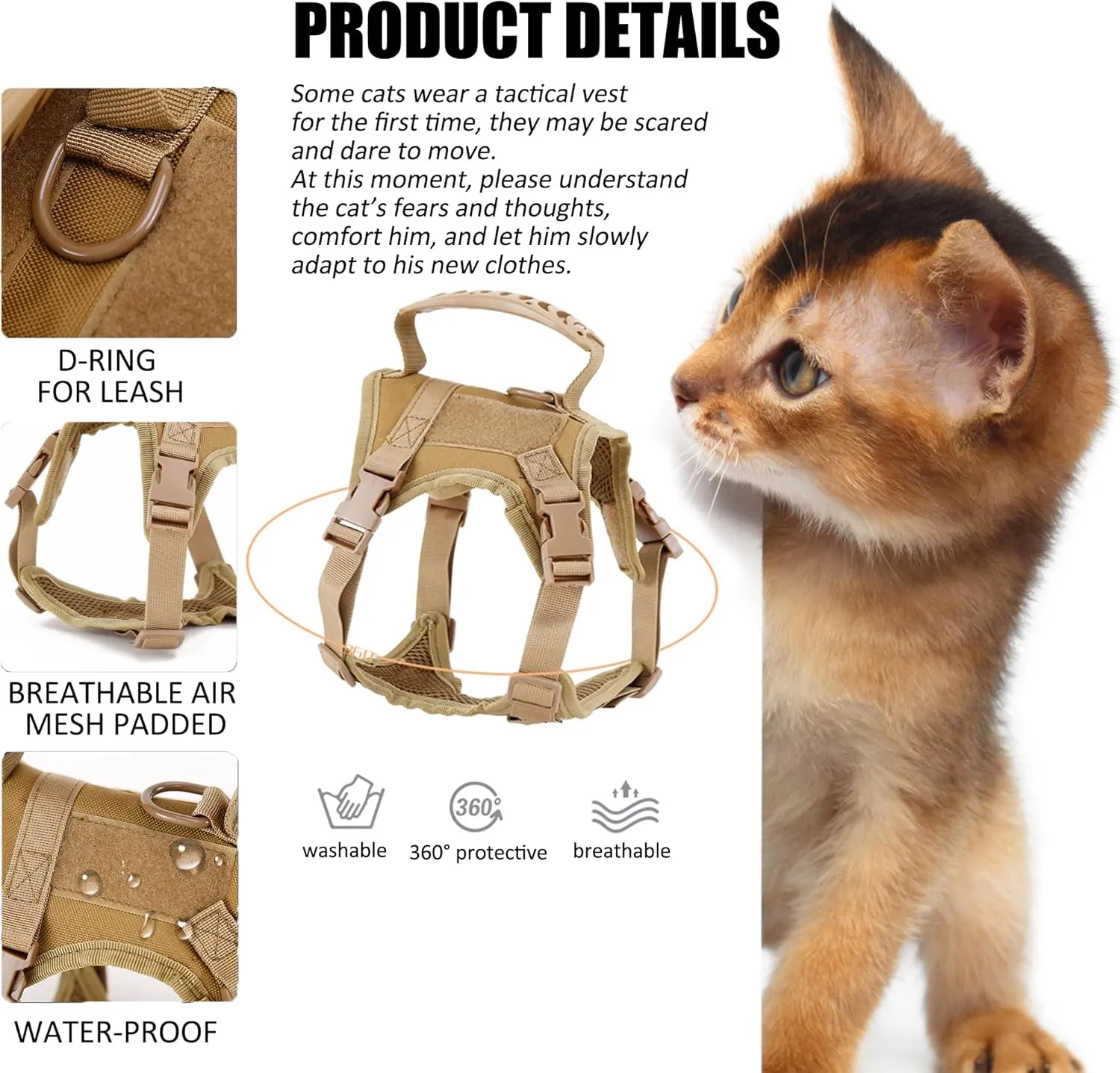 Tactical Cat Harness for Walking Escape Proof, Adjustable Pet Vest Harness, Soft Mesh with Control Handle for Large Cat Small Dog, Gift with Patch