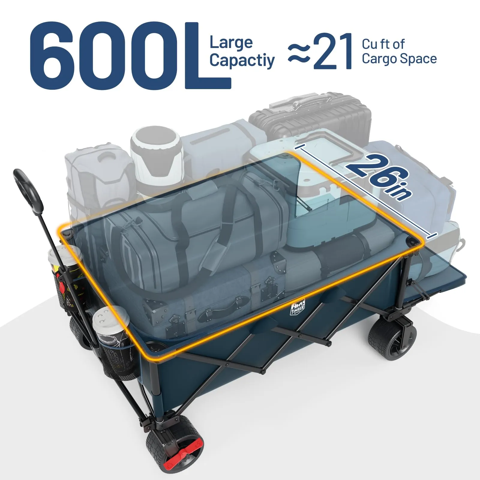 TIMBER RIDGE 600L Beast Wagon 26" W Extra Wide All Terrain Folding w/Big Wheels, Cargo Net & Tailgate, 26" W and 55" L, Capacity and 400lbs Heavy Duty Collapsible Portable Cart, Blue