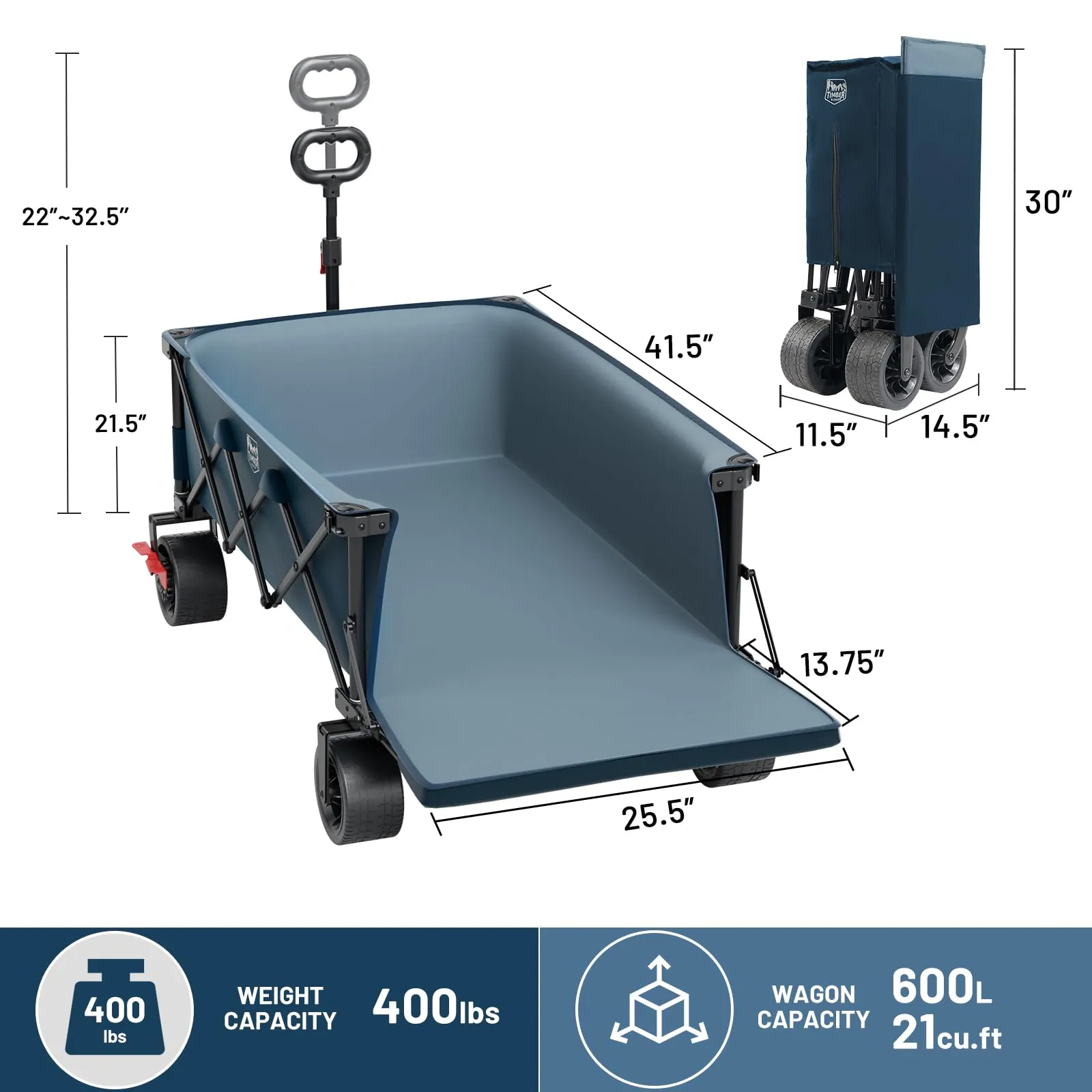 TIMBER RIDGE 600L Beast Wagon 26" W Extra Wide All Terrain Folding w/Big Wheels, Cargo Net & Tailgate, 26" W and 55" L, Capacity and 400lbs Heavy Duty Collapsible Portable Cart, Blue
