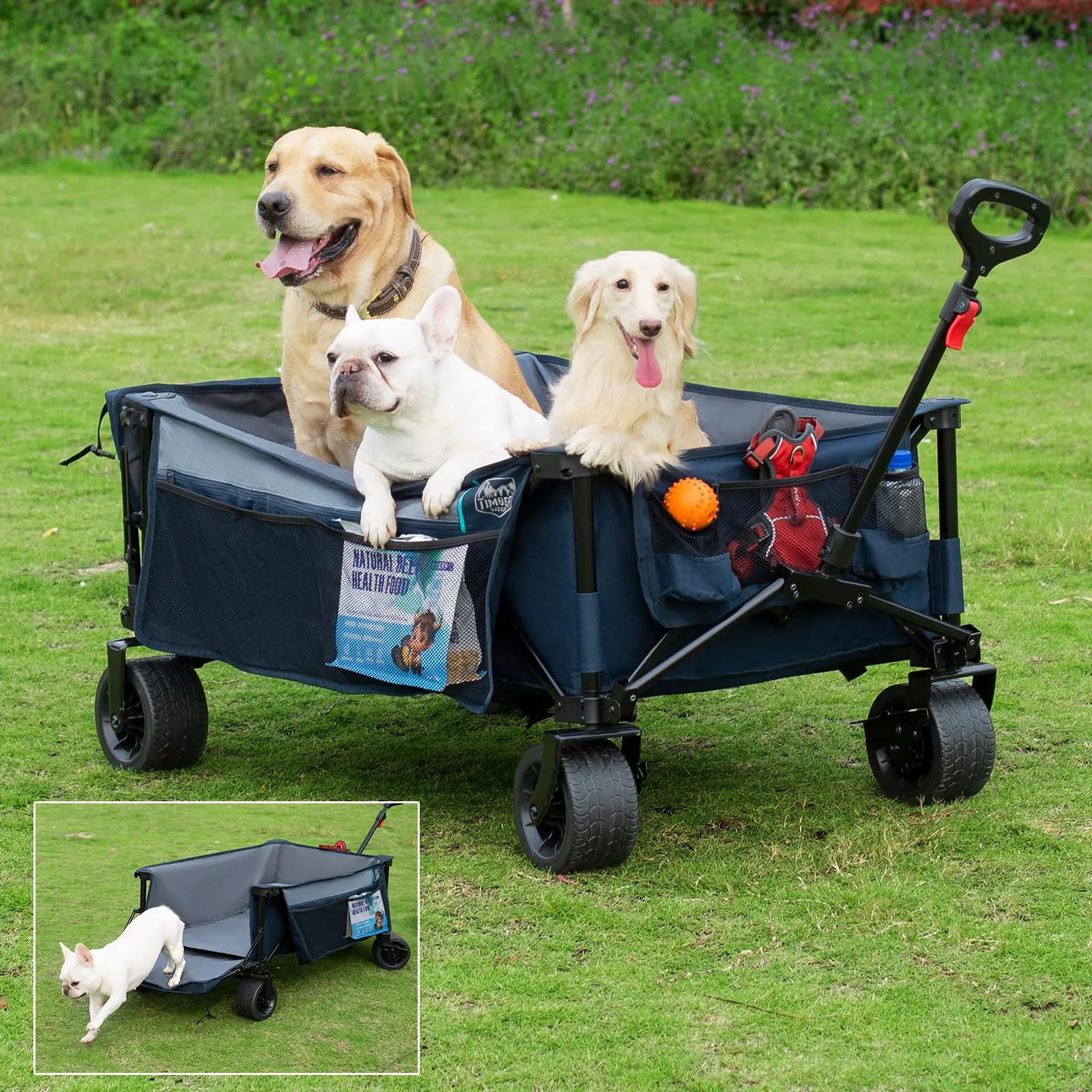 TIMBER RIDGE 600L Beast Wagon 26" W Extra Wide All Terrain Folding w/Big Wheels, Cargo Net & Tailgate, 26" W and 55" L, Capacity and 400lbs Heavy Duty Collapsible Portable Cart, Blue
