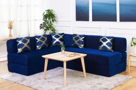 Uberlyfe L Shaped Sofa Bed, Dotted Blue | 5 Seater | 5 Golden Edge Cushion