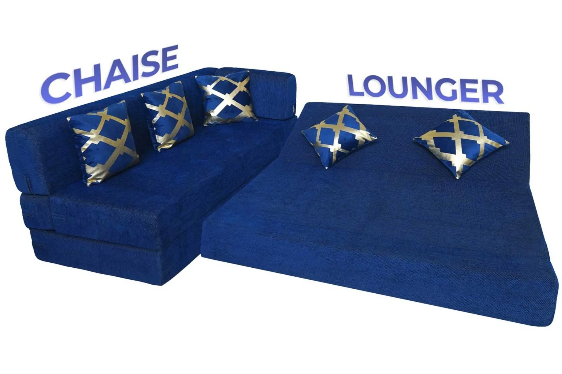 Uberlyfe L Shaped Sofa Bed, Dotted Blue | 5 Seater | 5 Golden Edge Cushion