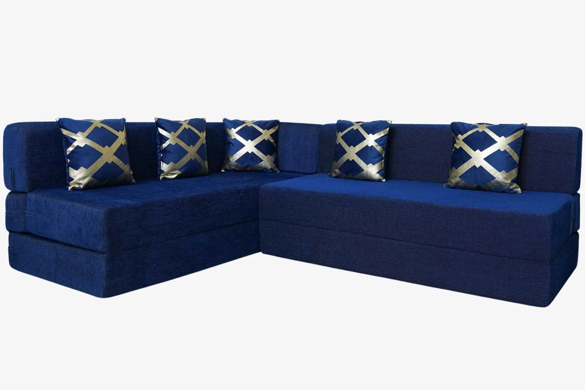 Uberlyfe L Shaped Sofa Bed, Dotted Blue | 5 Seater | 5 Golden Edge Cushion
