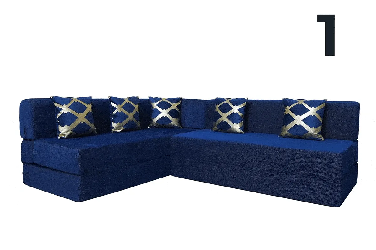 Uberlyfe L Shaped Sofa Bed, Dotted Blue | 5 Seater | 5 Golden Edge Cushion