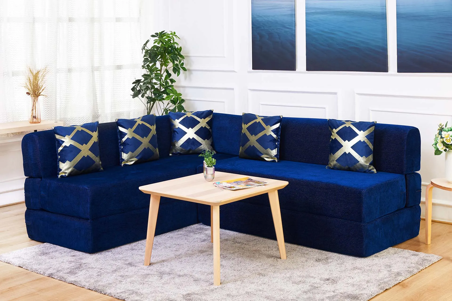 Uberlyfe L Shaped Sofa Bed, Dotted Blue | 5 Seater | 5 Golden Edge Cushion